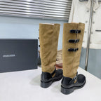 Atelier Edition 26ss Retro Buckled Round Toe Color Block Long Boots Camel Black in Calfskin and Suede