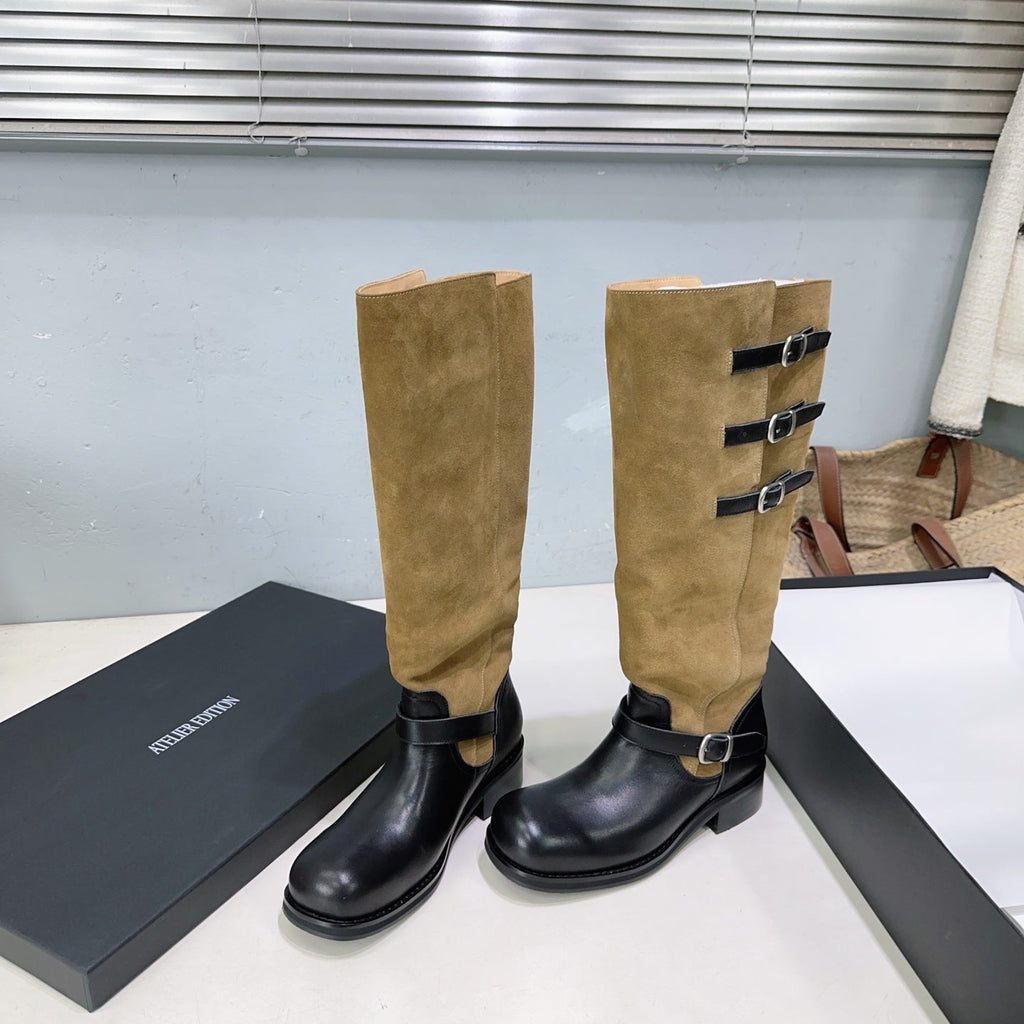 Atelier Edition 26ss Retro Buckled Round Toe Color Block Long Boots Camel Black in Calfskin and Suede