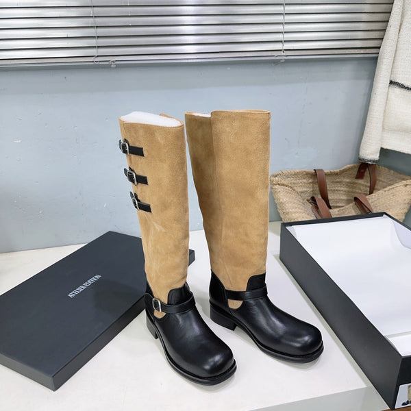 Atelier Edition 26ss Retro Buckled Round Toe Color Block Long Boots Brown Black in Calfskin and Suede