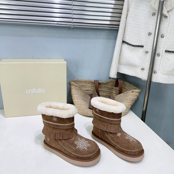 UNFOLIO 26SS Snow Ankel Boots Brown in Lambswool and Cow Suede 629522