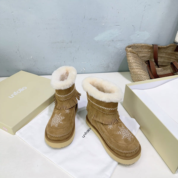UNFOLIO 26SS Snow Ankel Boots Light Brown in Lambswool and Cow Suede 629523