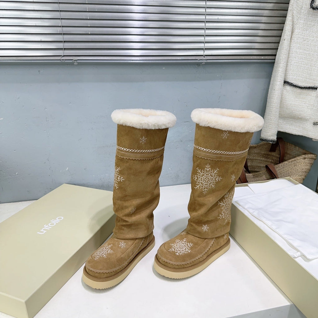UNFOLIO 26SS Snow High Boots Light Brown in Lambswool and Cow Suede 629525