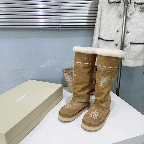 UNFOLIO 26SS Snow High Boots Light Brown in Lambswool and Cow Suede 629525