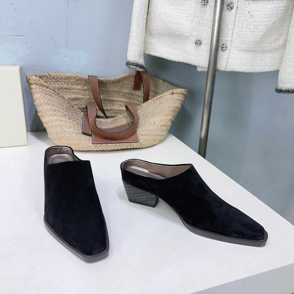 BRUNELLO CUCINELLI 26 Closed-Toe Chunky Heel Mules Black in Cow Suede 629527