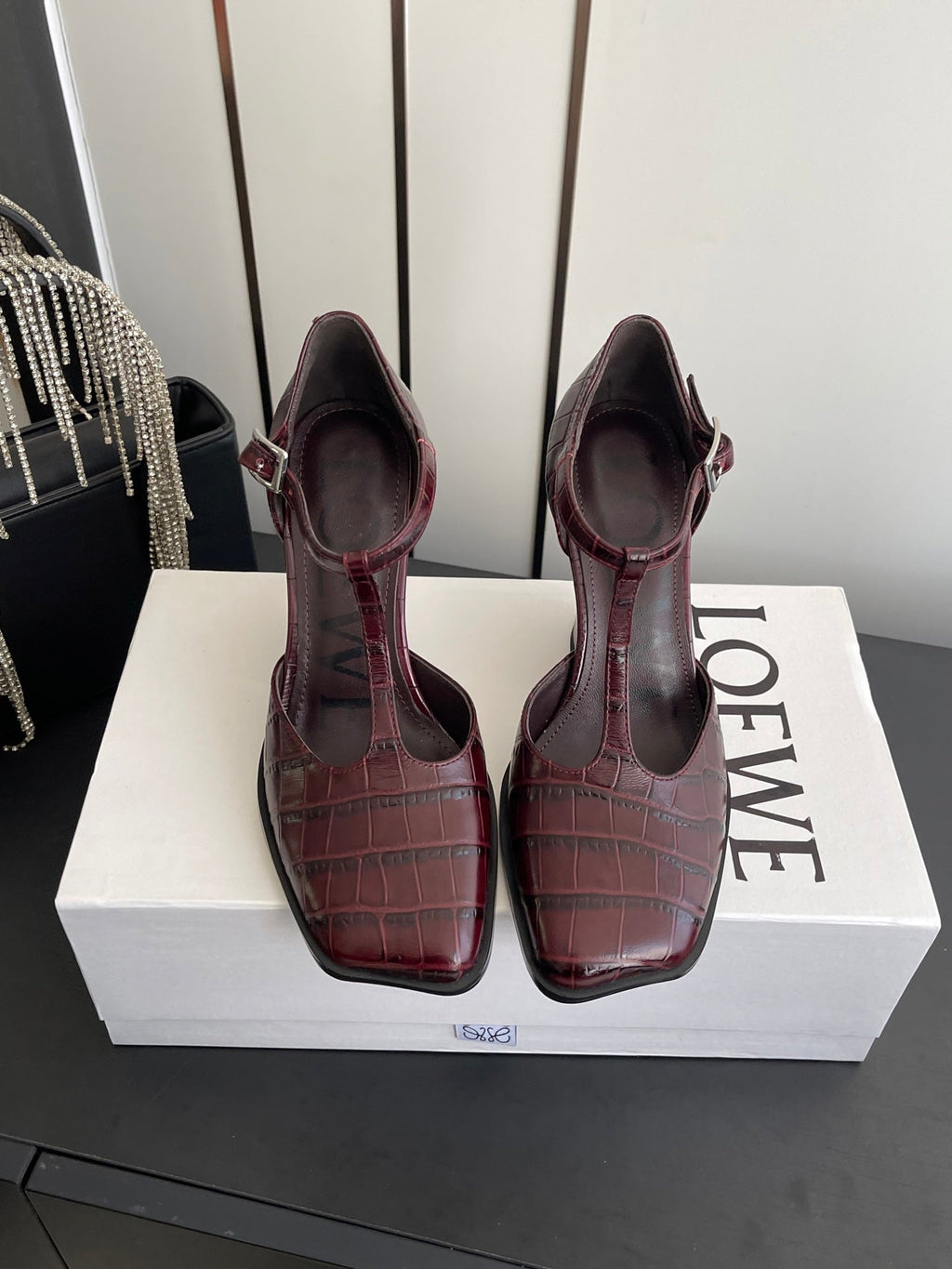 LOEWE 26SS Chunky Heel 50 Mary Jane Burgundy in Leather 631744