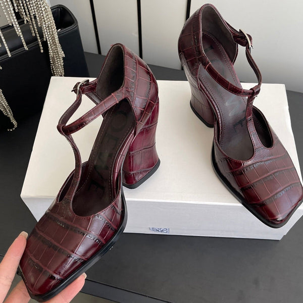 LOEWE 26SS Chunky Heel 50 Mary Jane Burgundy in Leather 631744