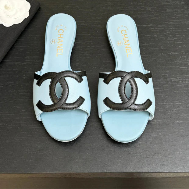Chanel 2026 Flat Sandal Light Blue Black Cowhide