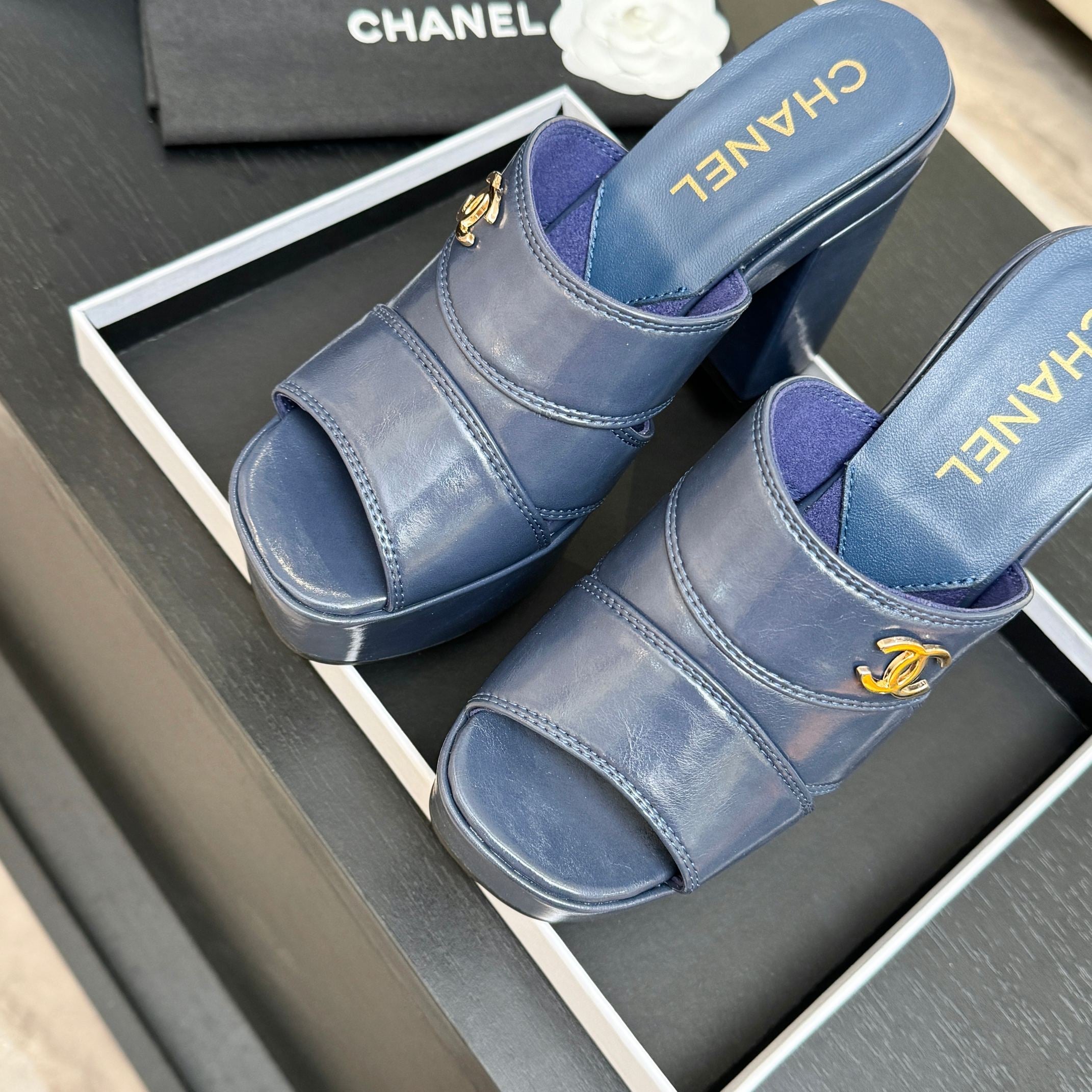 Chanel 2026 Runway Platform High-Heeled 12.5cm Sandals Blue in Cowhide 673062