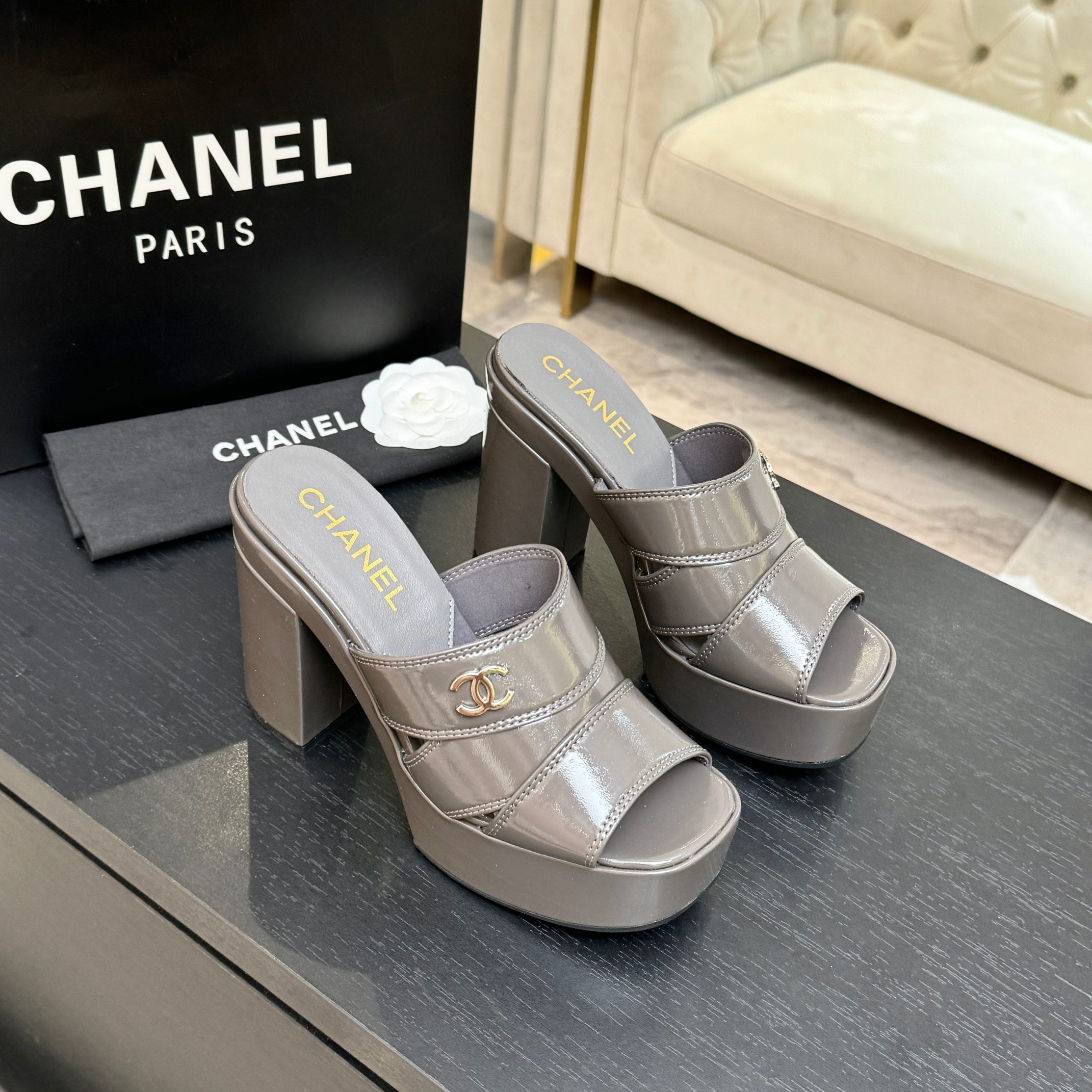 Chanel 2026 Runway Platform High-Heeled 12.5cm Sandals Gray in Cowhide 673060