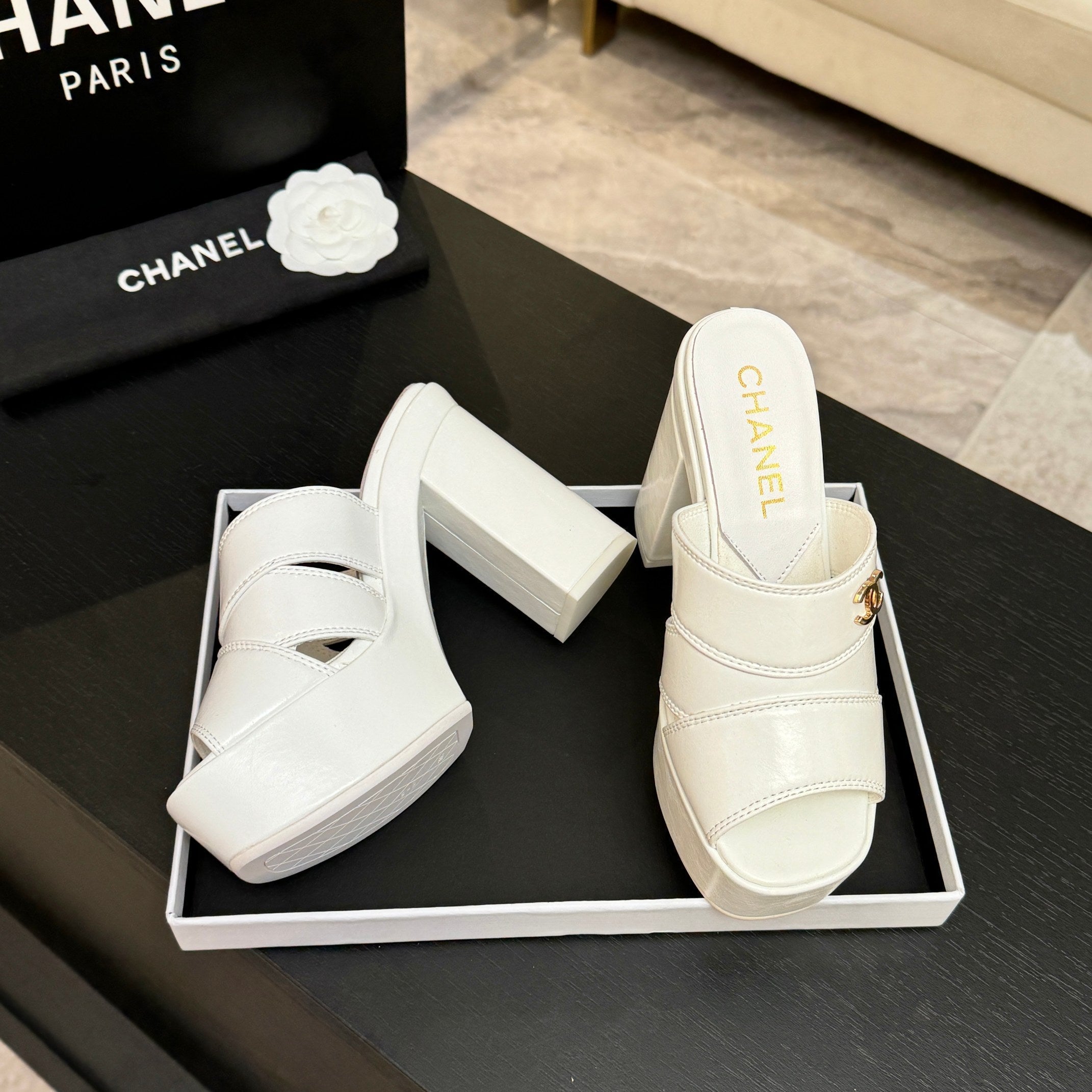 Chanel 2026 Runway Platform High-Heeled 12.5cm Sandals White in Cowhide 673056