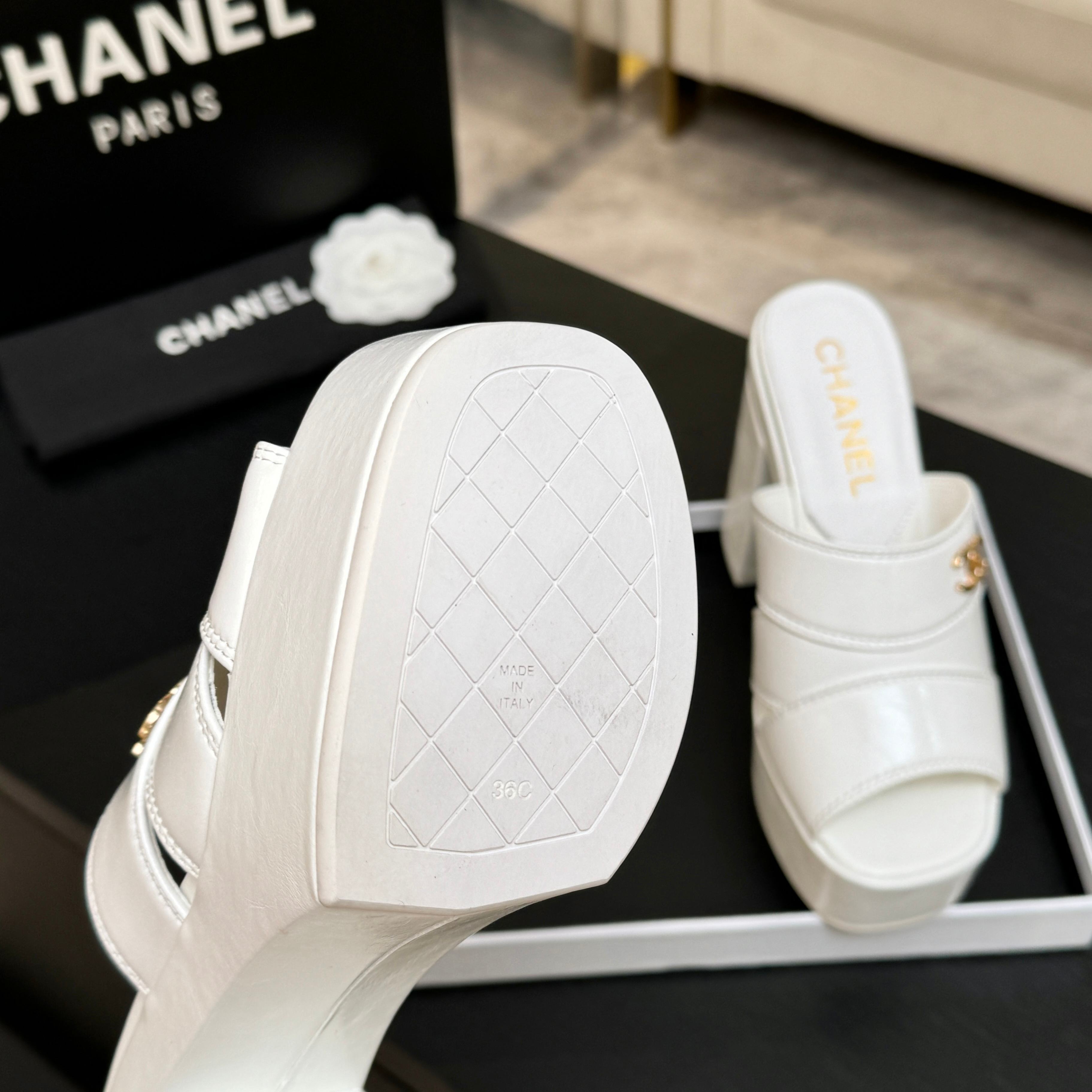 Chanel 2026 Runway Platform High-Heeled 12.5cm Sandals White in Cowhide 673056