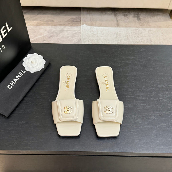 Chanel 26C Double C Buckle Square Toe Slippers Cream in Lambskin 673031