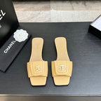 Chanel 26C Double C Buckle Square Toe Slippers Beige in Lambskin 673030