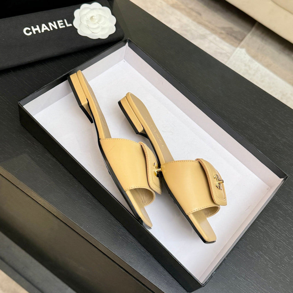 Chanel 26C Double C Buckle Square Toe Slippers Beige in Lambskin 673030