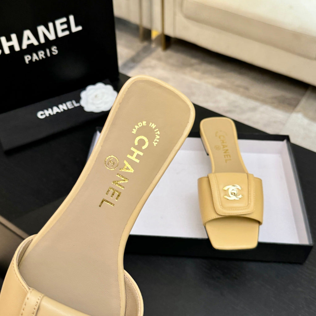 Chanel 26C Double C Buckle Square Toe Slippers Beige in Lambskin 673030