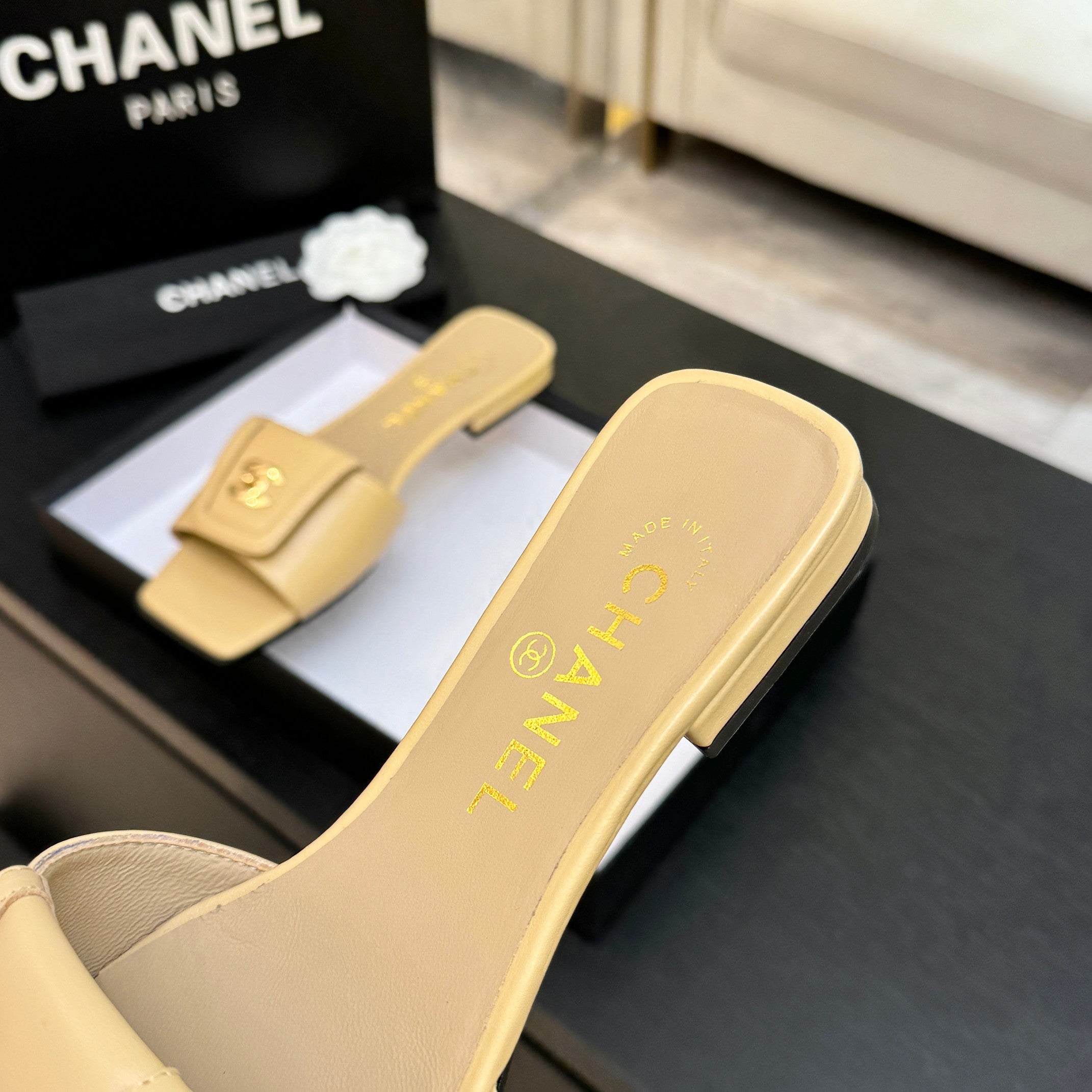 Chanel 26C Double C Buckle Square Toe Slippers Beige in Lambskin 673030