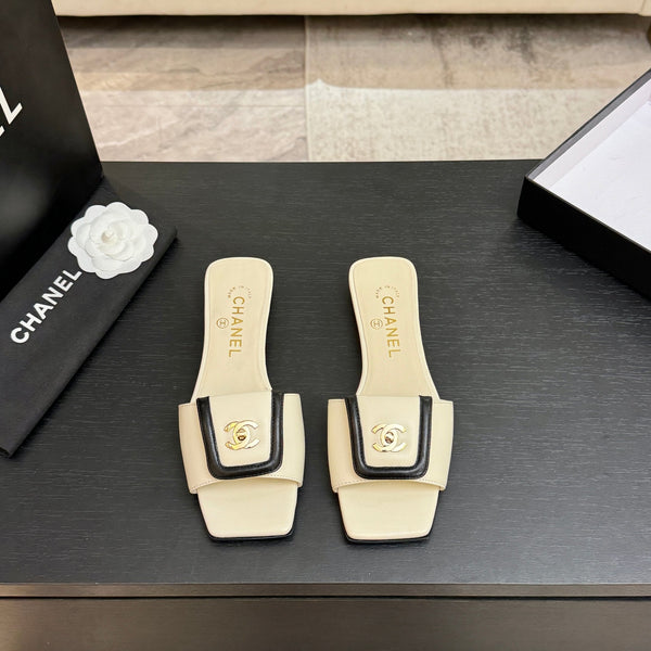 Chanel 26C Double C Buckle Square Toe Slippers Cream Black in Lambskin 673029