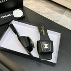 Chanel 26C Double C Buckle Square Toe Slippers Black in Lambskin 673028