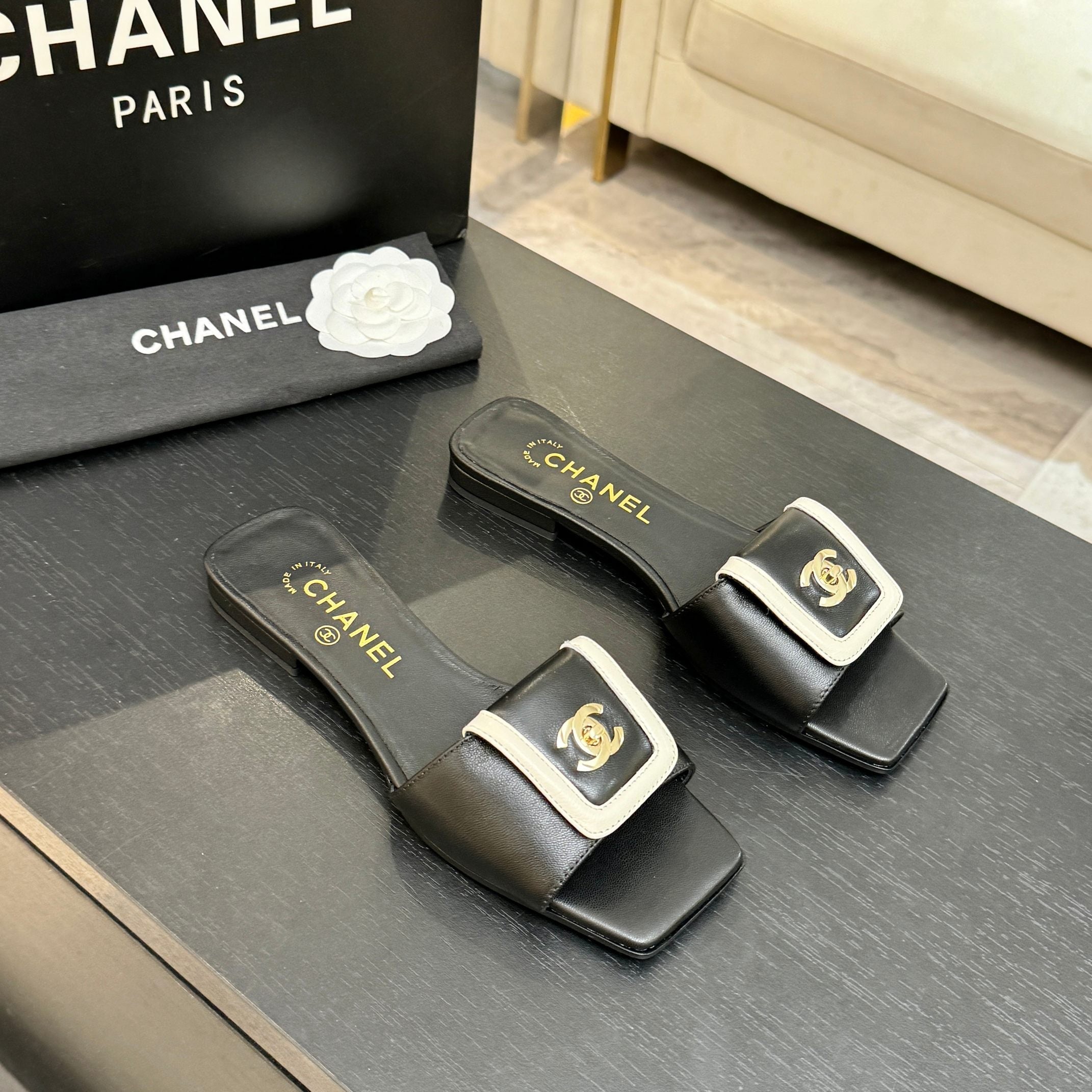Chanel 26C Double C Buckle Square Toe Slippers Black White in Lambskin 673027