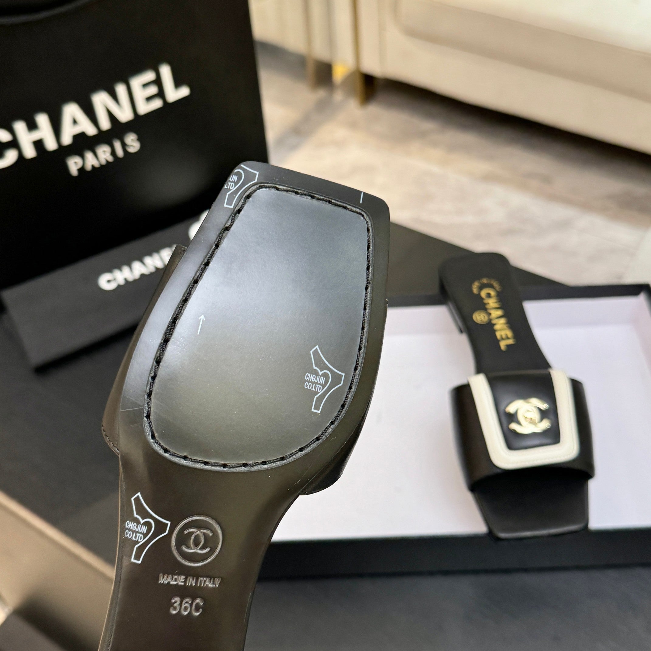 Chanel 26C Double C Buckle Square Toe Slippers Black White in Lambskin 673027
