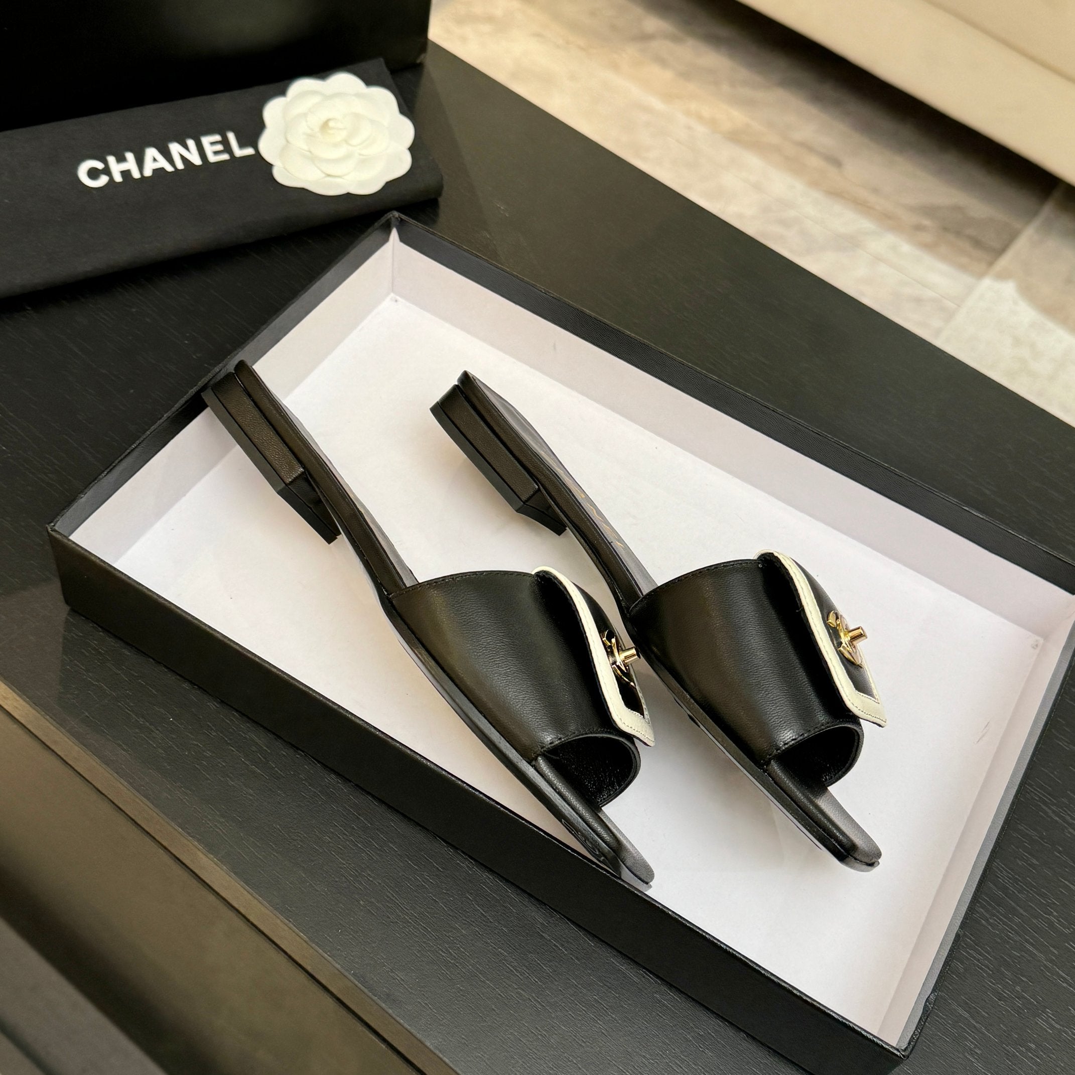 Chanel 26C Double C Buckle Square Toe Slippers Black White in Lambskin 673027