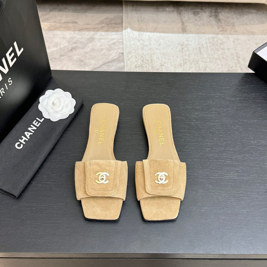 Chanel 26C Double C Buckle Square Toe Slippers Beige in Suede 673026