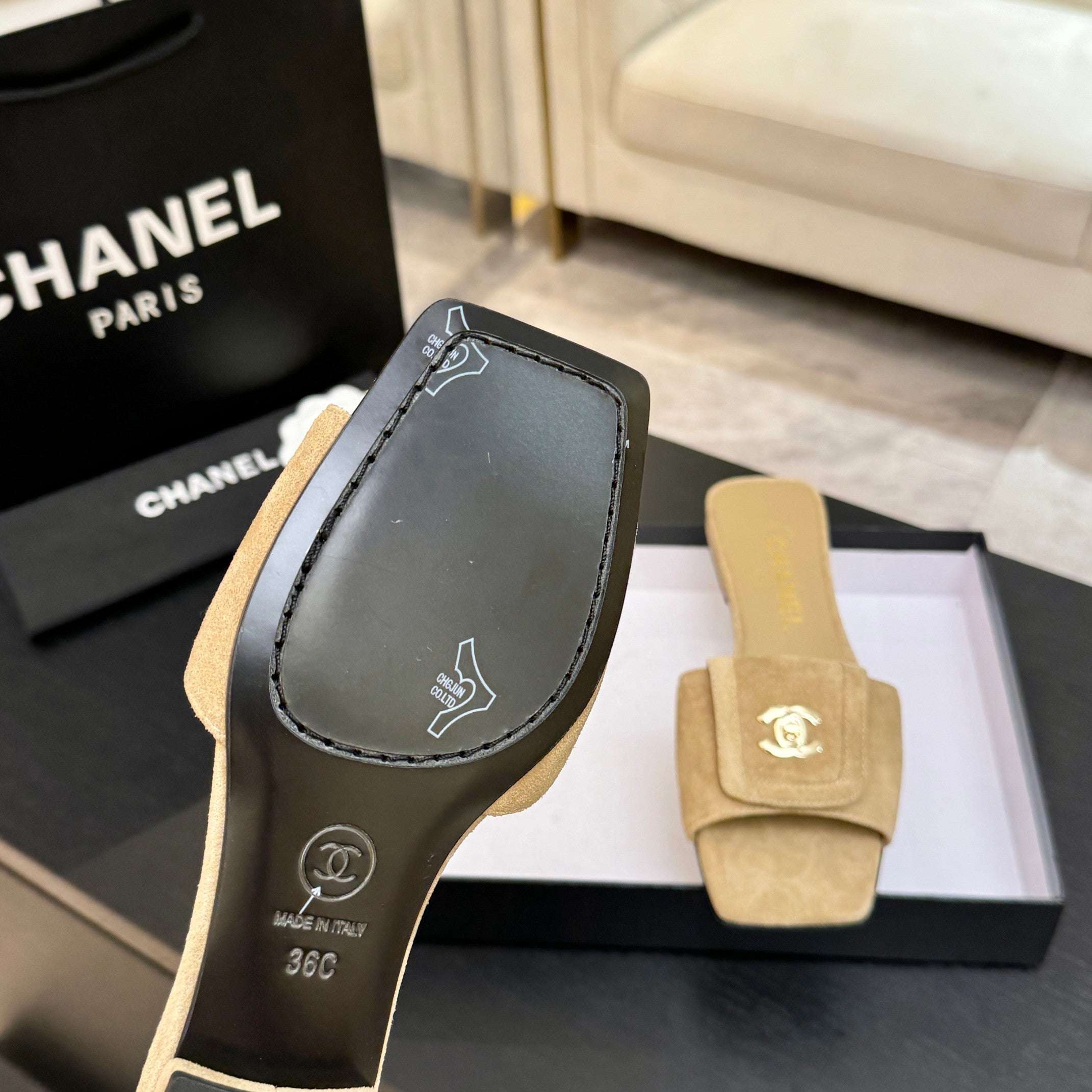 Chanel 26C Double C Buckle Square Toe Slippers Beige in Suede 673026