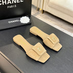 Chanel 26C Double C Buckle Square Toe Slippers Beige in Suede 673026