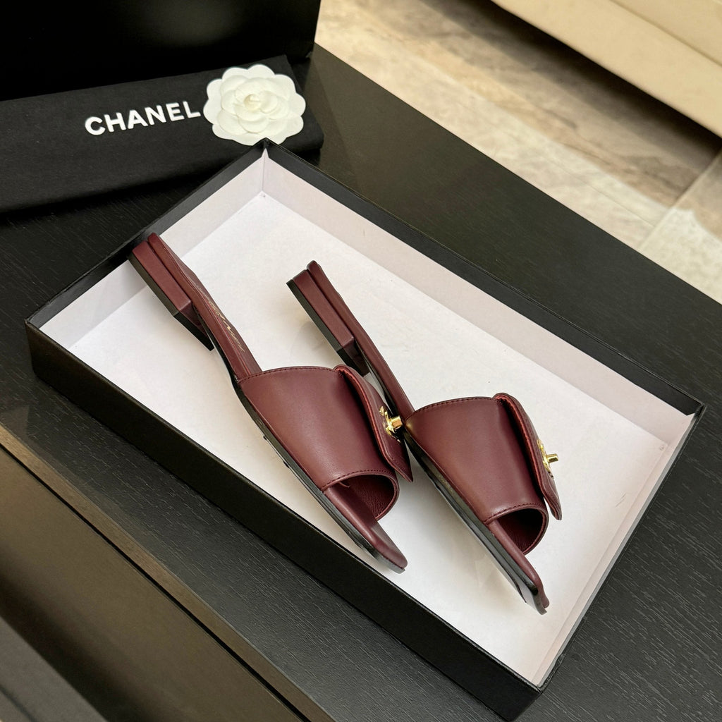 Chanel 26C Double C Buckle Square Toe Slippers Burgundy in Lambskin 673025
