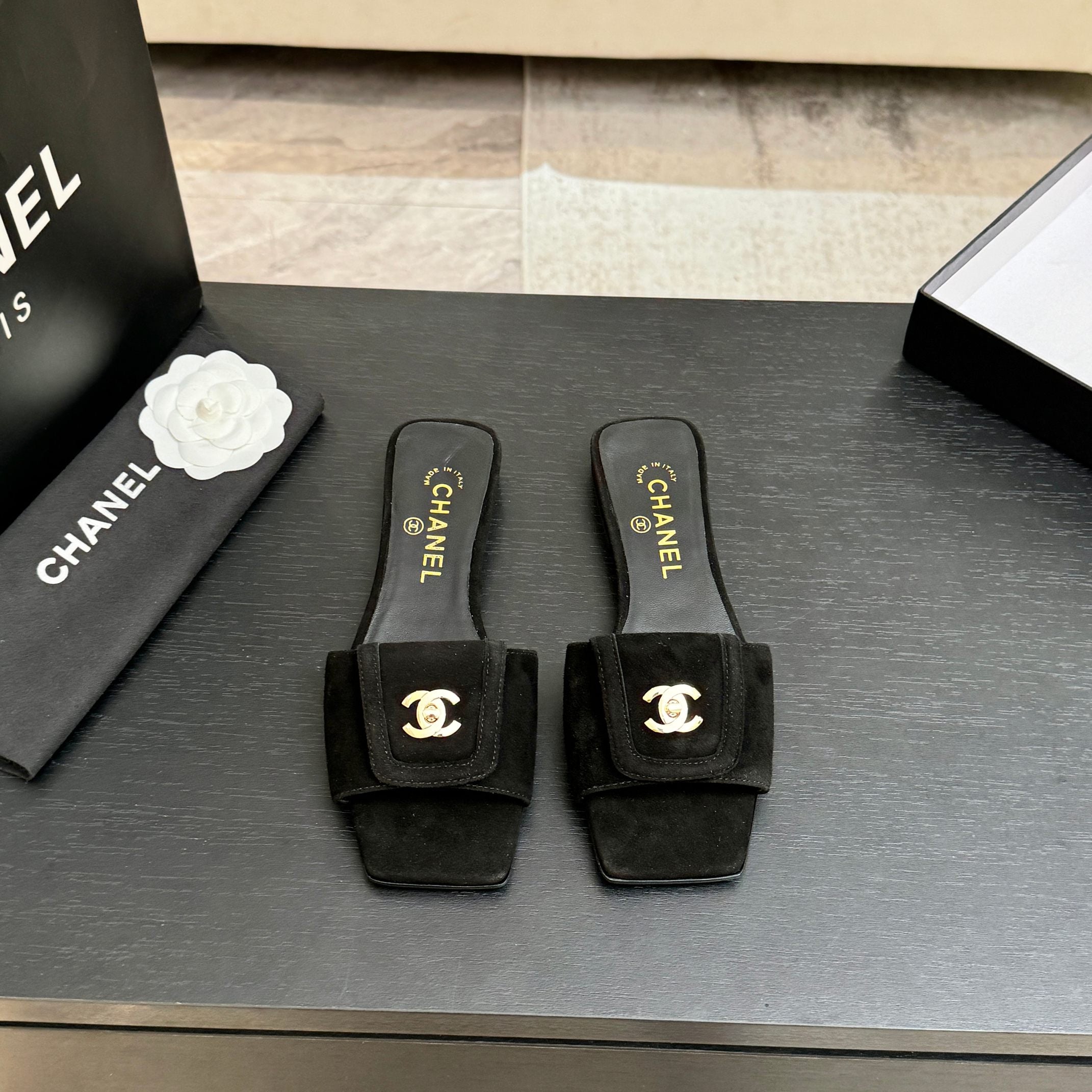 Chanel 26C Double C Buckle Square Toe Slippers Black in Suede 673024