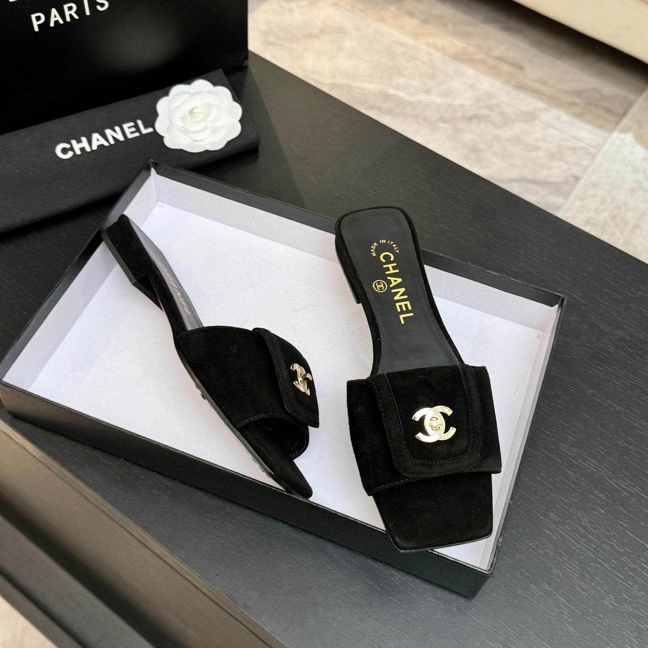 Chanel 26C Double C Buckle Square Toe Slippers Black in Suede 673024