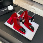 Chanel KJ26 Mary Janes Heel 2.5cm with Bow Red in Velvet 673011