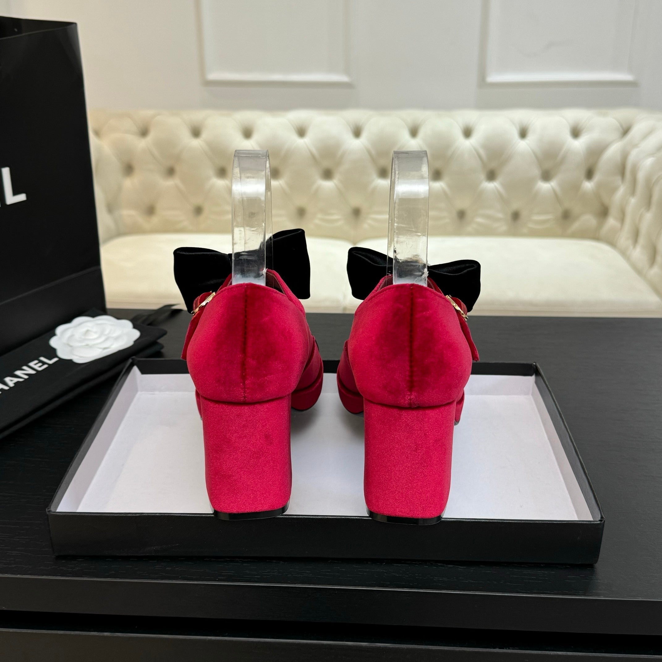 Chanel KJ26 Mary Janes Heel 2.5cm with Bow Red in Velvet 673011