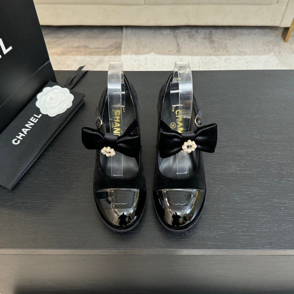 Chanel KJ26 Mary Janes Heel 2.5cm with Bow Black in Velvet 673010