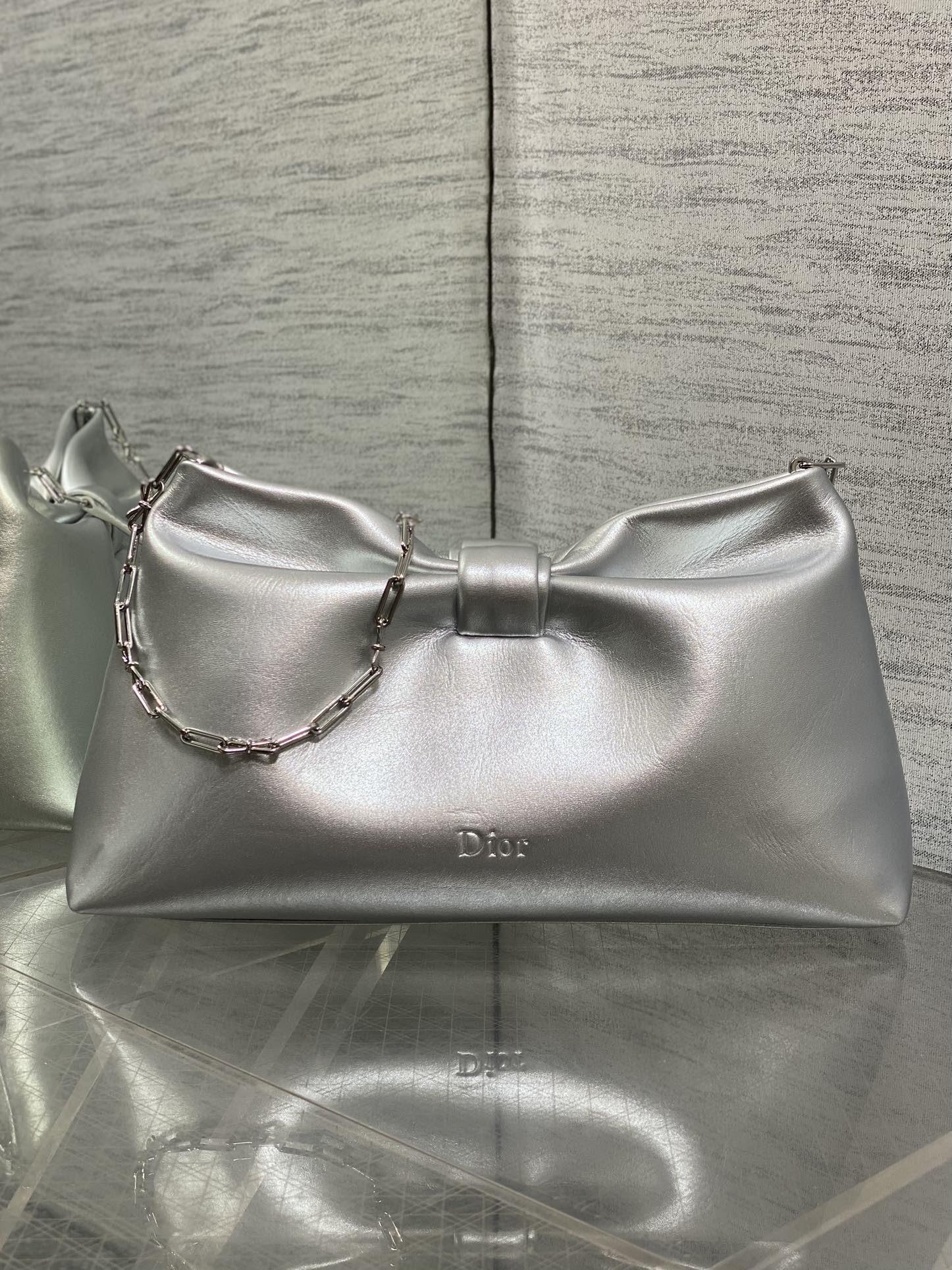 Dior 26 Bow Chain Bag in Silver Lambskin
