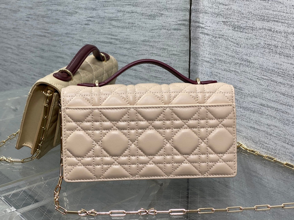 Dior 26 Bow Pearl Chain Clutch Two Tone Beige Burgundy Lambskin GHW