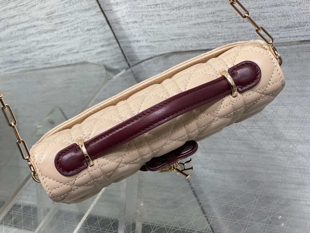 Dior 26 Bow Pearl Chain Clutch Two Tone Beige Burgundy Lambskin GHW