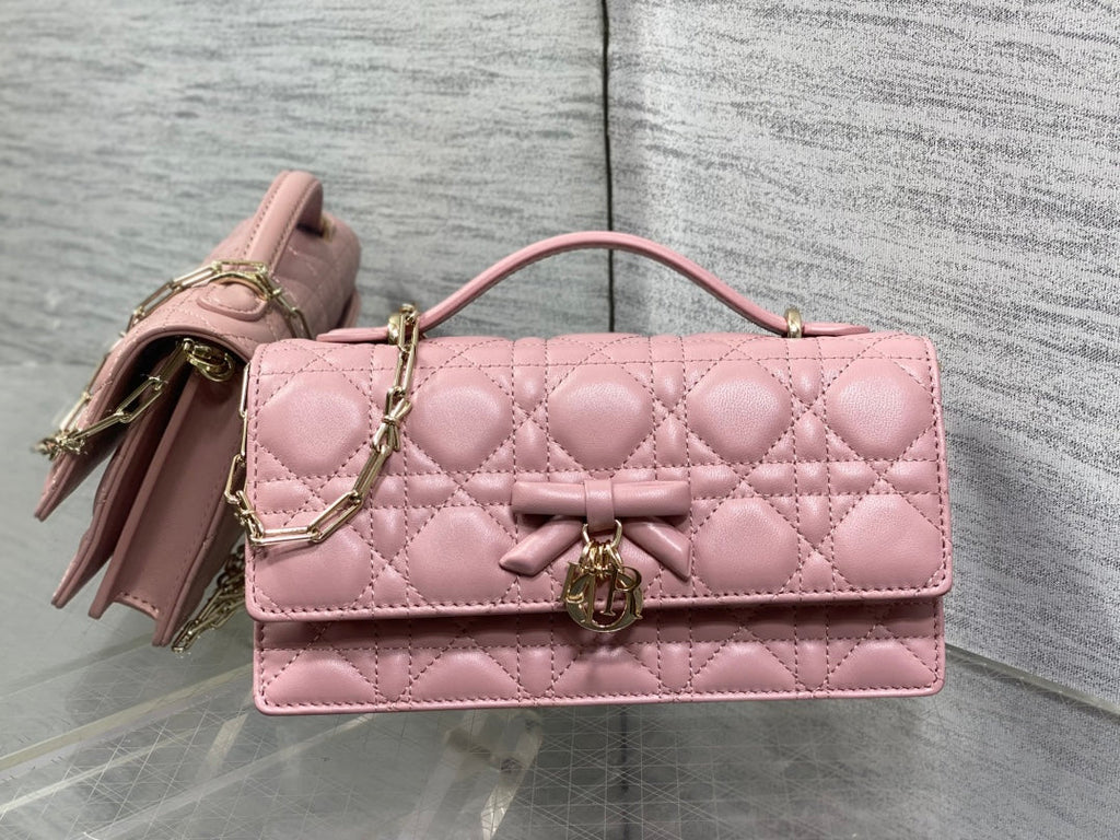 Dior 26 Bow Pearl Chain Clutch Powder Pink Lambskin GHW