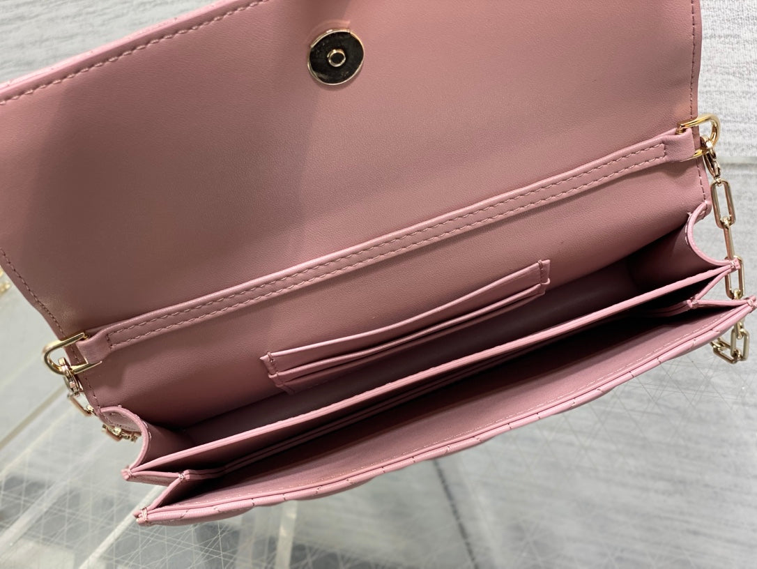 Dior 26 Bow Pearl Chain Clutch Powder Pink Lambskin GHW