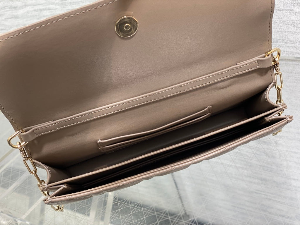 Dior 26 Bow Pearl Chain Clutch Chocolate Brown Lambskin GHW