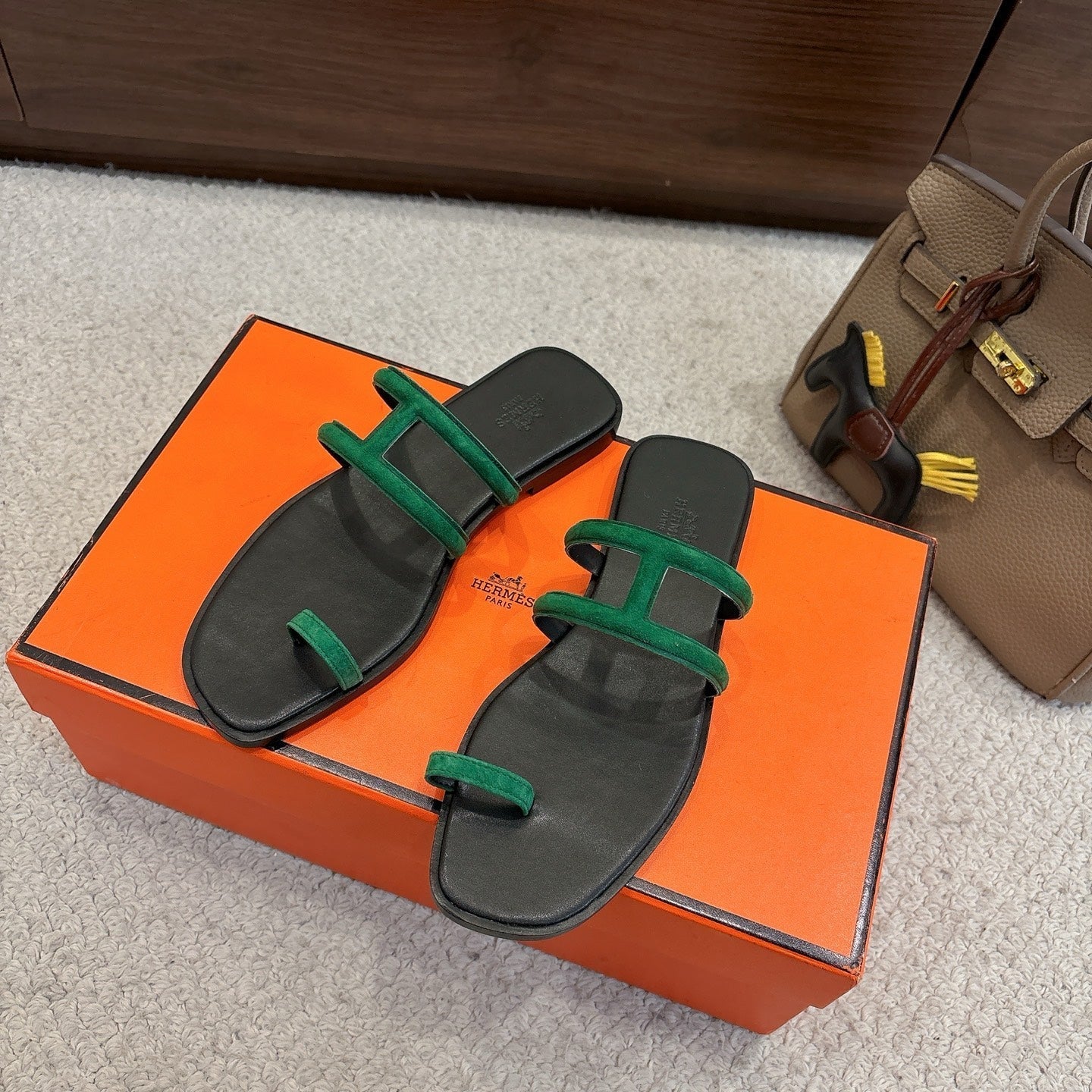 Hermes Georgia Sandals Green in Suede 685985