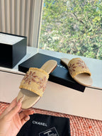 Chanel Bouclé Sandal Straw Yellow in Fabric Sheepskin 685950