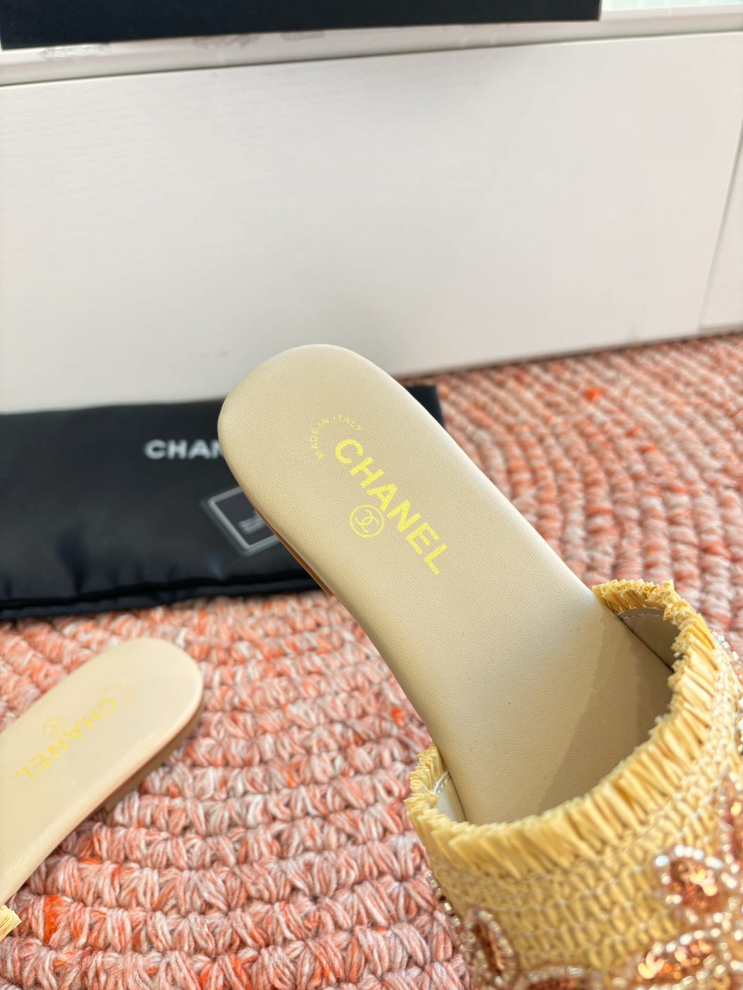 Chanel Bouclé Sandal Straw Yellow in Fabric Sheepskin 685950