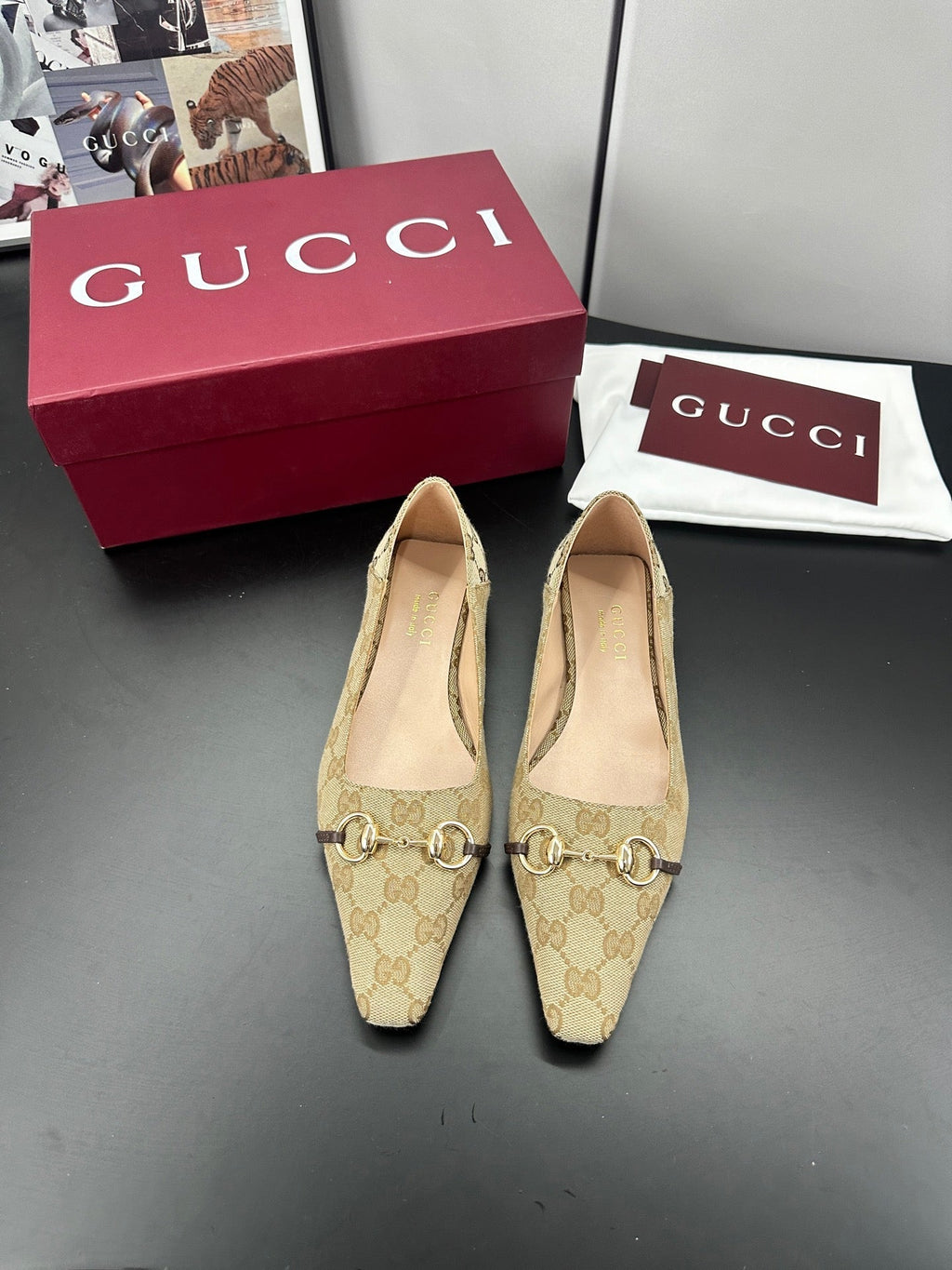 Gucci 26 Vittoria Horsebit GG Canvas Ballet Flats Brown in Leather 688312