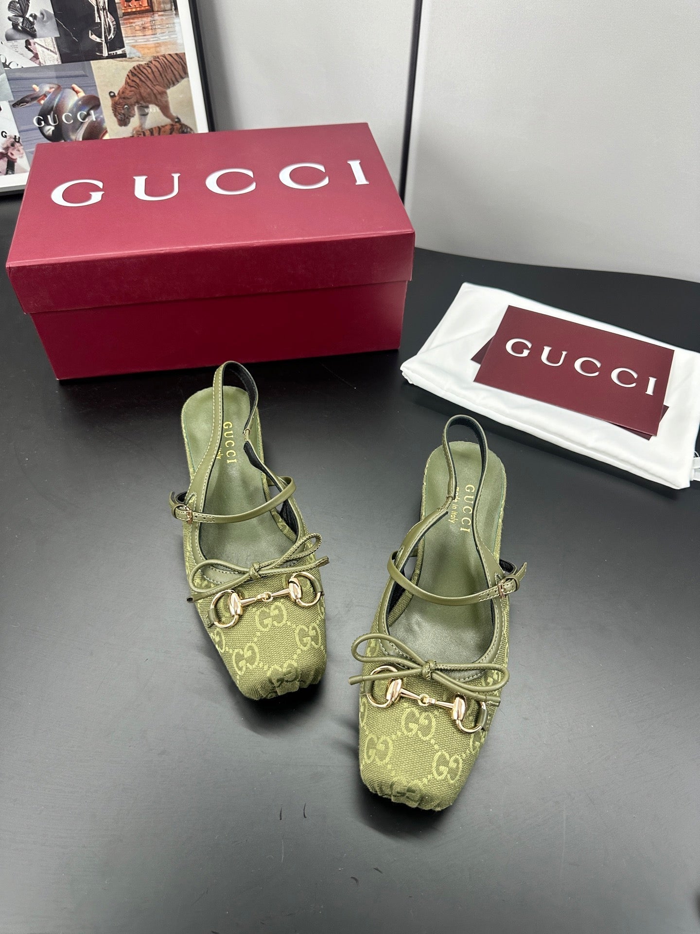 Gucci Horsebit Slingback Green in Denim 688317