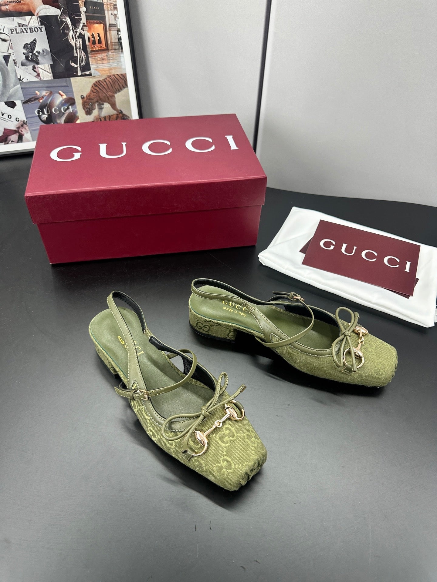 Gucci Horsebit Slingback Green in Denim 688317