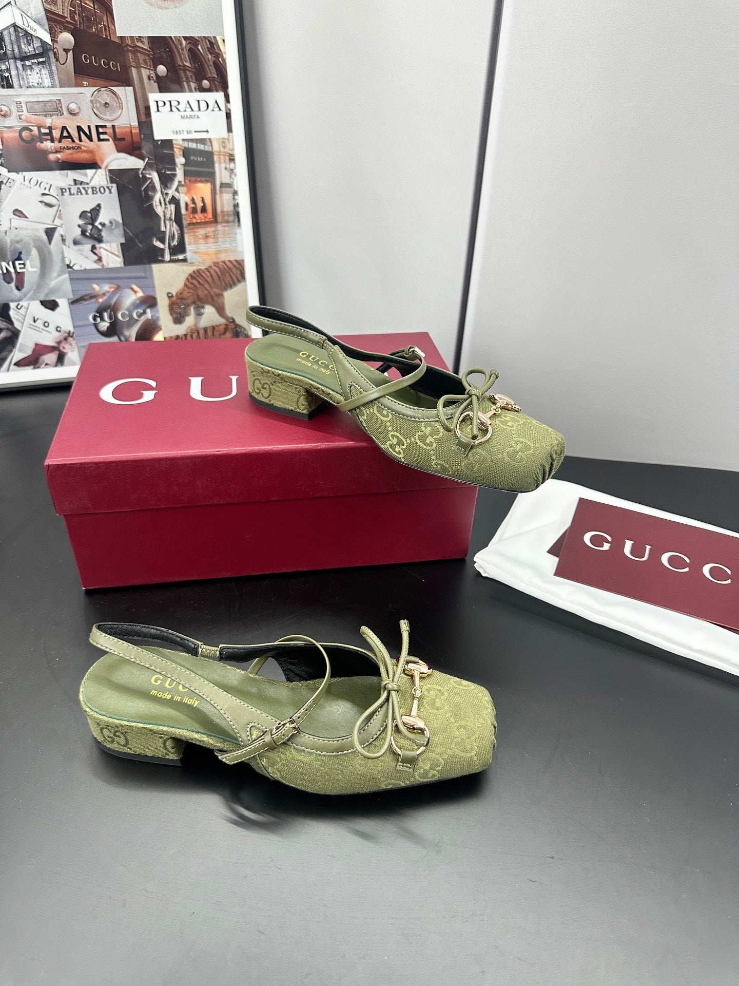 Gucci Horsebit Slingback Green in Denim 688317