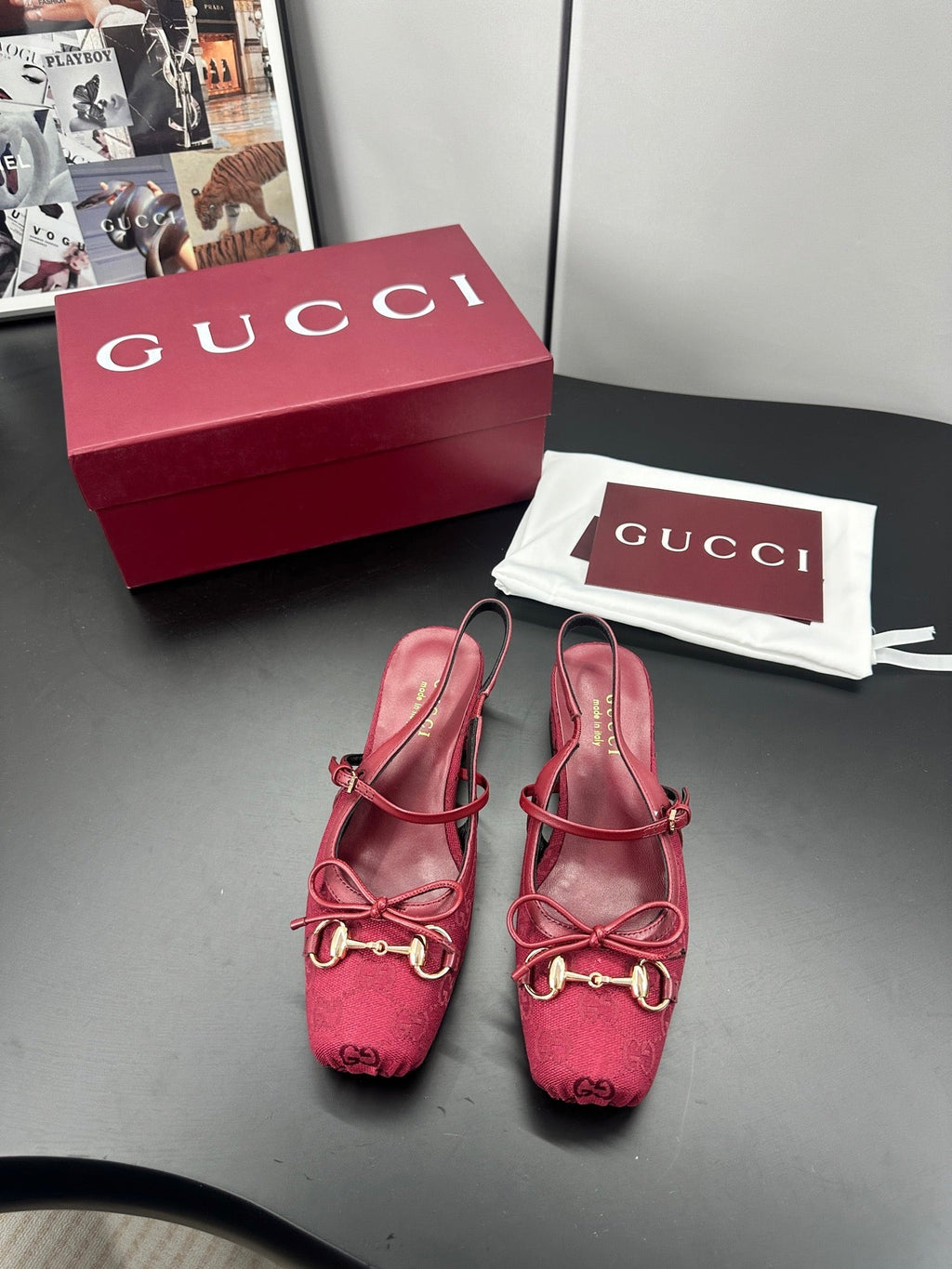 Gucci Horsebit Slingback Red in Denim 688316