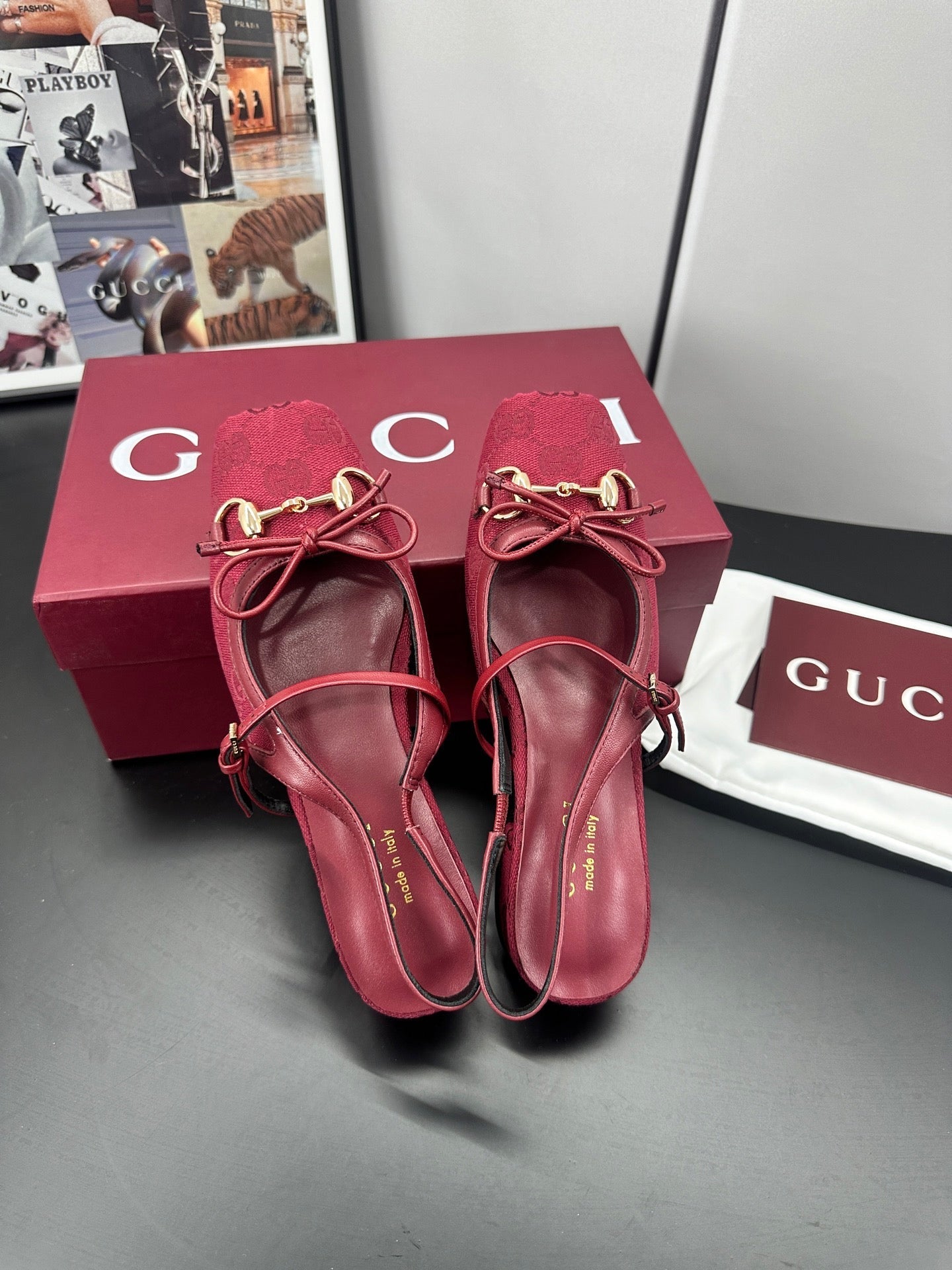 Gucci Horsebit Slingback Red in Denim 688316