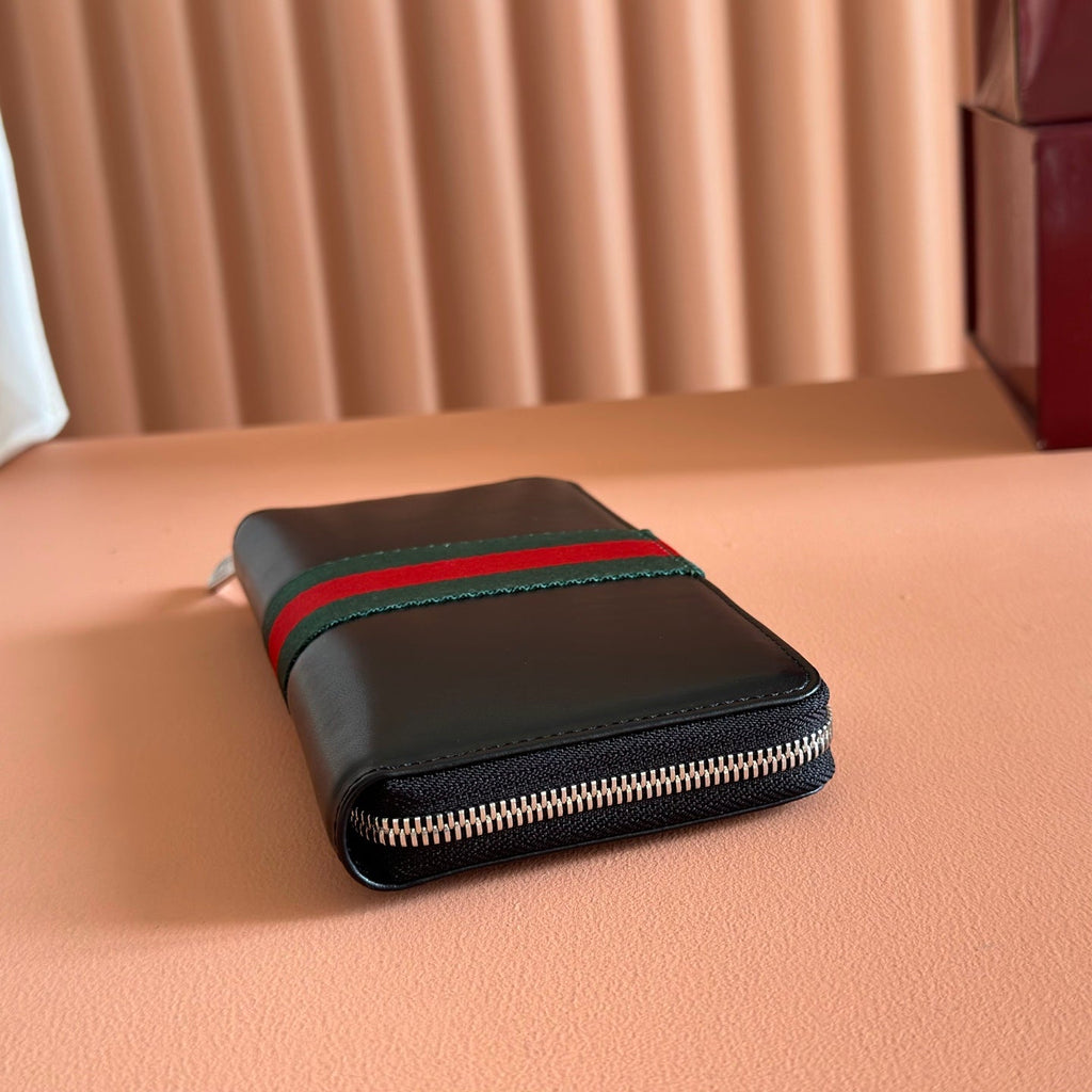 Gucci Web Trademark Zip Around Wallet Black in Cowhide 284918